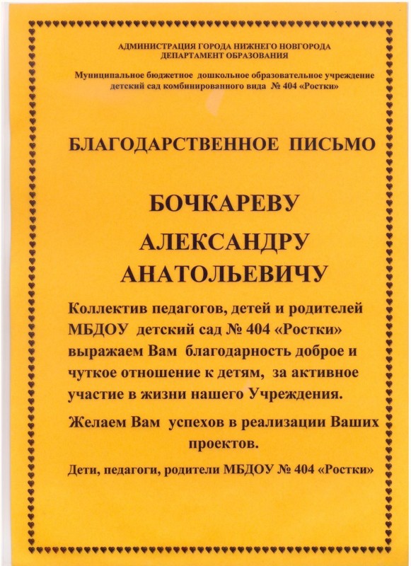 Благодарность депутату Александру Бочкареву